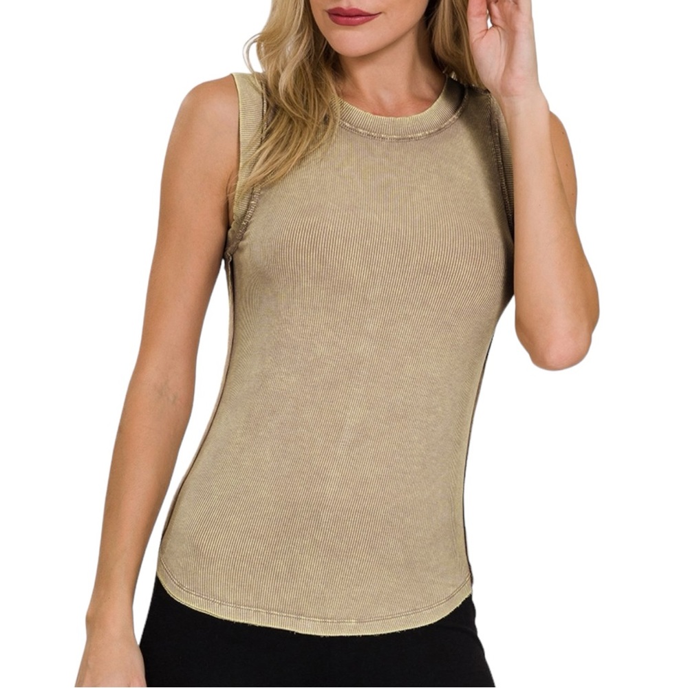 121. Women's Mocha Acid Wash Ribbed Round Neck Tank Top NEW